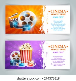 Realistic cinema movie poster template with film reel, clapper, popcorn, 3D glasses, concept banners with bokeh