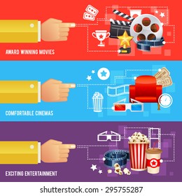 Realistic cinema movie poster template with film reel, clapper, popcorn, 3D glasses, concept banners 