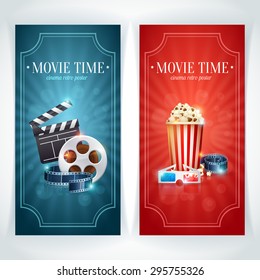 Realistic cinema movie poster template with film reel, clapper, popcorn, 3D glasses, concept banners with bokeh