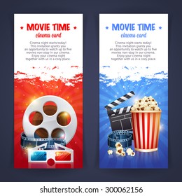 Realistic cinema movie poster template with film reel, clapper, popcorn, 3D glasses, concept banners with bokeh