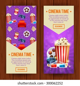 Realistic cinema movie poster template with film reel, clapper, popcorn, 3D glasses, concept banners with bokeh