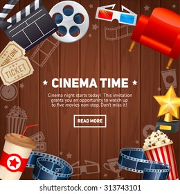 Realistic Cinema Movie Poster Template With Film Reel, Clapper, Popcorn, 3D Glasses, Concept Banner On Wooden Planks Background