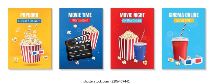 Realistic cinema poster set with popcorn bucket and clapper board isolated vector illustration