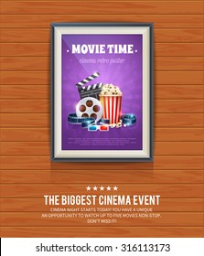 Realistic Cinema Poster In A Wooden Picture Frame Hanging On A Textured Wooden Wall, Movies Template For Mockup, Banner And Artwork