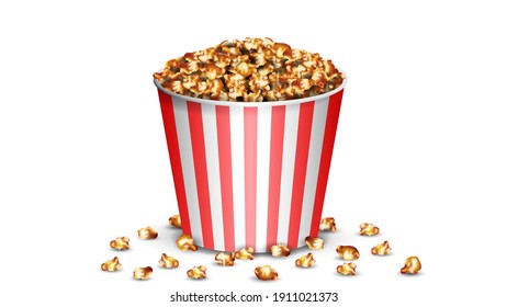 Realistic cinema red cardboard striped caramel popcorn bucket snacks vector illustration