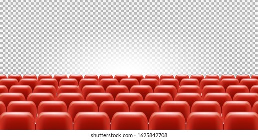 Realistic cinema or theatre seats on transparent background. Empty auditorium with red velvet chairs. Concert hall interior vector design. Show, movie or entertainment background.