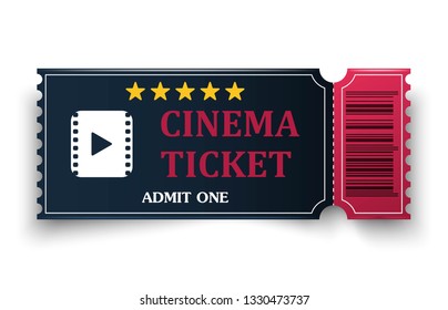 Realistic cinema ticket. Admit one coupon entrance. Movie entertainment show. Vector illustration