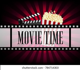 Realistic cinematograph elements of the film industry banner design. Movie Time. Vector illustration.             