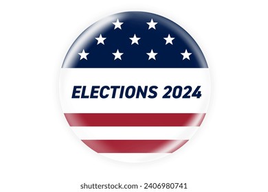 Realistic circle 2024 elections ping or badge with us american flag. US, USA, american election, voting sign. 2024 presidential election. Responsible voting badge or pin. Vector illustration