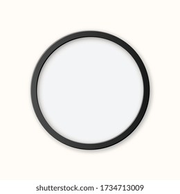 Realistic circle black plastic picture frame isolated on white background. Frame for your presentations. Vector illustration.