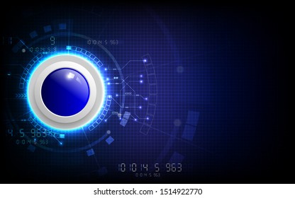 Realistic circle button on abstract technology background, digital communication network computer, futuristic energy science system