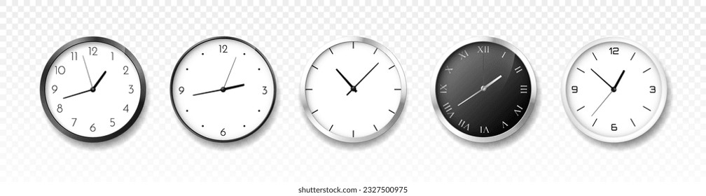 Realistic circle clock set. Decor and interior elements on copy space. Time management and planning, scheduling. Isometric vector collection isolated on transparent background