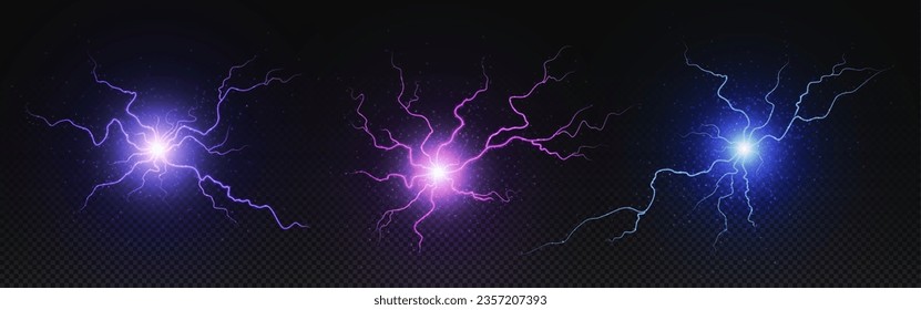 Explosión de energía de cerrojo eléctrico en círculo realista. Balón de potencia relámpago con efecto vector de chispa aislado en el fondo. 3.ª descarga de truenos. Rayo láser morado, rosado y azul para relámpago de neonatos