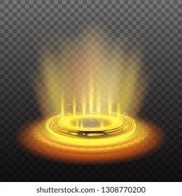 Realistic circular magic portal with yellow light streams and sparkles on dark transparent background vector illustration