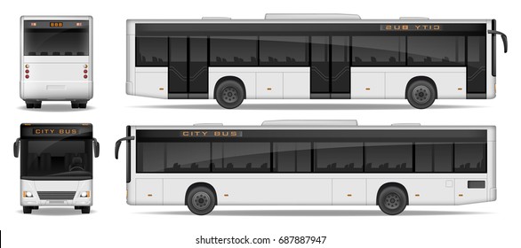 Realistic City Bus Template Isolated On White Background. Passenger City Bus Mockup Side, Front And Rear View. Transport Advertising Design. Vector Illustration.