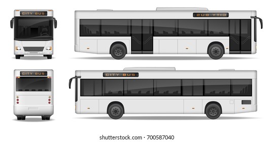 Realistic City Bus Template Isolated On White Background. Passenger City Transport For Advertising Design. Passenger Bus Mockup Side, Front And Rear View. Vector Illustration.