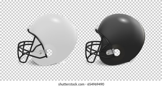 Realistic classic american football helmet set - black and white color. Isolated on transparent background. Side view. Design template closeup in vector. Mock-up for branding and advertise.