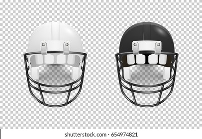 Realistic classic american football helmet set - black and white color. Isolated on transparent background. Front view. Design template closeup in vector. Mock-up for branding and advertise.