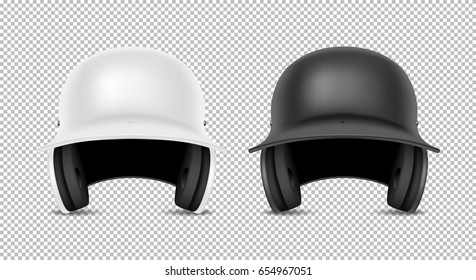 Realistic classic baseball helmet set - black and white color. Isolated on transparent background. Front view. Design template closeup in vector. Mock-up for branding and advertise.