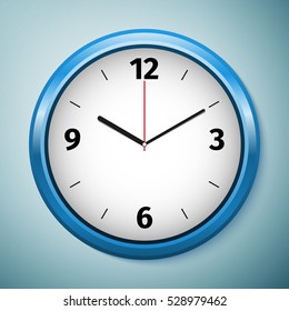 Realistic Realistic classic blue round wall clock icon isolated on blue background. Vector Illustration