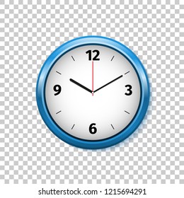 Realistic classic blue and white round wall clock isolated object on transparent background. Vector Illustration