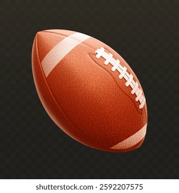 Realistic classic brown leather 3d rugby ball isolated on black background. Sports accessory and equipment for American football. Vector illustration