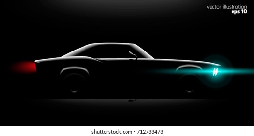 realistic classic car coupe side view lighting in the dark