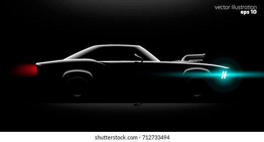 Realistic Classic Car Coupe With A Supercharger Side View Lighting In The Dark