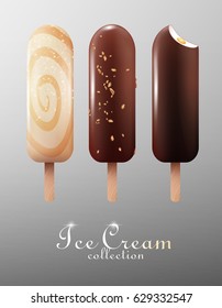 Realistic classic ice cream eskimo set with white milk and dark chocolate glazes isolated vector illustration 