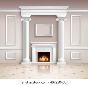 Realistic Classic Interior room design background With Fireplace Vector Illustration