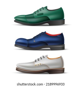 Realistic classic men shoes types. Isolated male natural leather footwear side view, different shapes and colors, green blue and gray elegance boots with lacing, 3d elements utter vector set