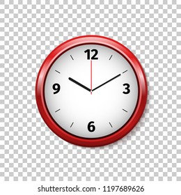 Realistic classic red and white round wall clock isolated object on transparent background. Vector Illustration