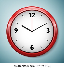 Realistic classic red and white round wall clock icon isolated on blue background. Vector Illustration