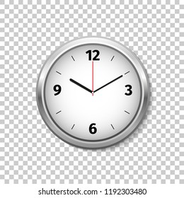 Realistic classic silver and white round wall clock isolated object on transparent background. Vector Illustration
