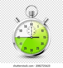 Realistic classic stopwatch icon. Shiny metal chronometer, time counter with dial. Green countdown timer showing minutes and seconds. Time measurement for sport, start and finish. Vector illustration