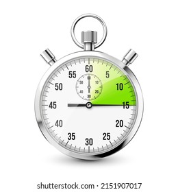 Realistic classic stopwatch icon. Shiny metal chronometer, time counter with dial. Green countdown timer showing minutes and seconds. Time measurement for sport, start and finish. Vector illustration