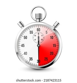 Realistic classic stopwatch icon. Shiny metal chronometer, time counter with dial. Red countdown timer showing minutes and seconds. Time measurement for sport, start and finish. Vector illustration