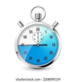 Realistic classic stopwatch icon. Shiny metal chronometer, time counter with dial. Blue countdown timer showing minutes and seconds. Time measurement for sport, start and finish. Vector illustration