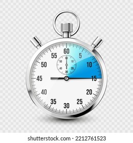 Realistic classic stopwatch icon. Shiny metal chronometer, time counter with dial. Blue countdown timer showing minutes and seconds. Time measurement for sport, start and finish. Vector illustration