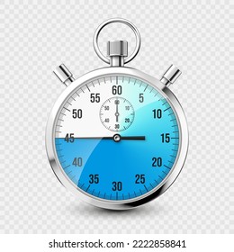 Realistic classic stopwatch icon. Shiny metal chronometer, time counter with dial. Blue countdown timer showing minutes and seconds. Time measurement for sport, start and finish. Vector illustration