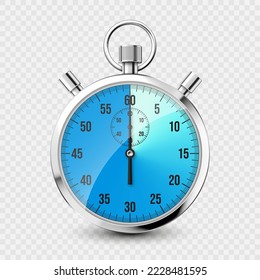 Icono de cronómetro clásico realista. Cronómetro de metal brillante, contador de tiempo con dial. Temporizador de cuenta atrás azul que muestra minutos y segundos. Medición del tiempo para deporte, inicio y fin. Ilustración del vector