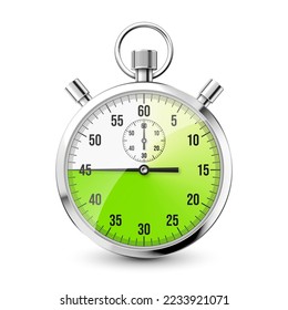 Realistic classic stopwatch icon. Shiny metal chronometer, time counter with dial. Green countdown timer showing minutes and seconds. Time measurement for sport, start and finish. Vector illustration