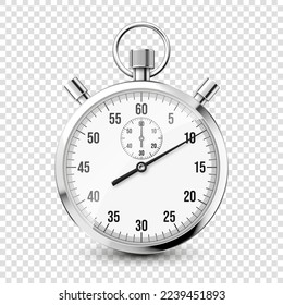 Icono de cronómetro clásico realista. Cronómetro de metal brillante, contador de tiempo con dial. Temporizador de cuenta atrás que muestra minutos y segundos. Medición del tiempo para deporte, inicio y fin. Ilustración del vector