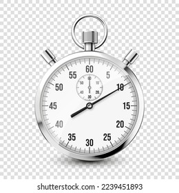 Realistic classic stopwatch icon. Shiny metal chronometer, time counter with dial. Countdown timer showing minutes and seconds. Time measurement for sport, start and finish. Vector illustration