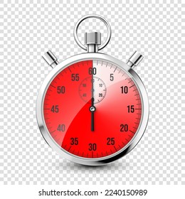 Realistic classic stopwatch icon. Shiny metal chronometer, time counter with dial. Red countdown timer showing minutes and seconds. Time measurement for sport, start and finish. Vector illustration