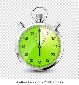 Realistic classic stopwatch icon. Shiny metal chronometer, time counter with dial. Green countdown timer showing minutes and seconds. Time measurement for sport, start and finish. Vector illustration