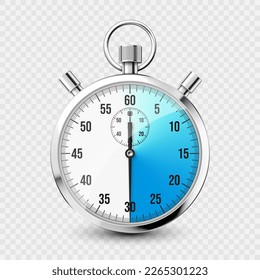 Icono de cronómetro clásico realista. Cronómetro de metal brillante, contador de tiempo con dial. Temporizador de cuenta atrás azul que muestra minutos y segundos. Medición del tiempo para deporte, inicio y fin. Ilustración del vector