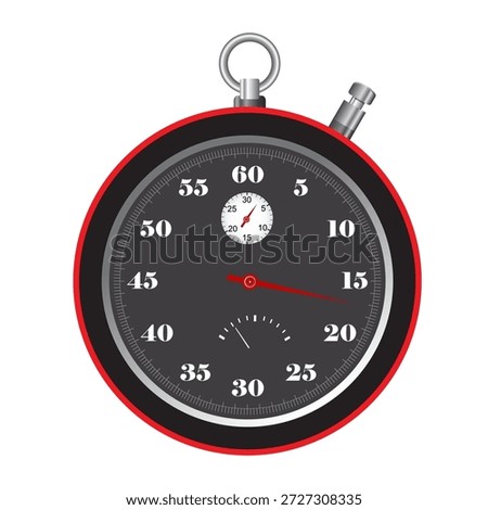 Realistic classic stopwatch icon. Shiny metal chronometer, time counter with dial. Countdown timer showing minutes and seconds. Time measurement for sport, start and finish
