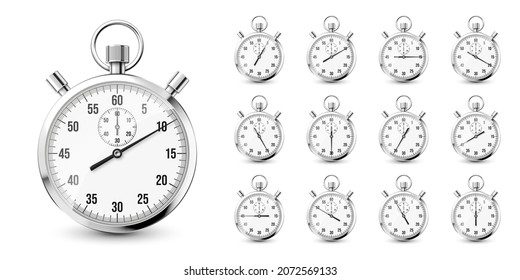 Realistic classic stopwatch icons. Shiny metal chronometer, time counter with dial. Countdown timer showing minutes and seconds. Time measurement for sport, start and finish. Vector illustration