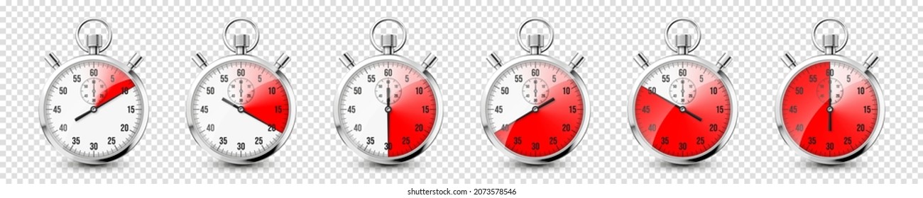 Realistic classic stopwatch icons. Shiny metal chronometer, time counter with dial. Red countdown timer showing minutes and seconds. Time measurement for sport, start and finish. Vector illustration